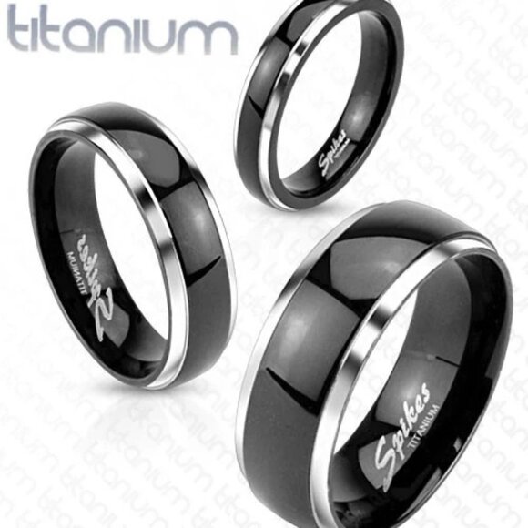 ELEGANT TWO-TONE BLACK TITANIUM RING WITH MIRROR POLISHED STEPPED EDGES. 6MM - Picture 1 of 1